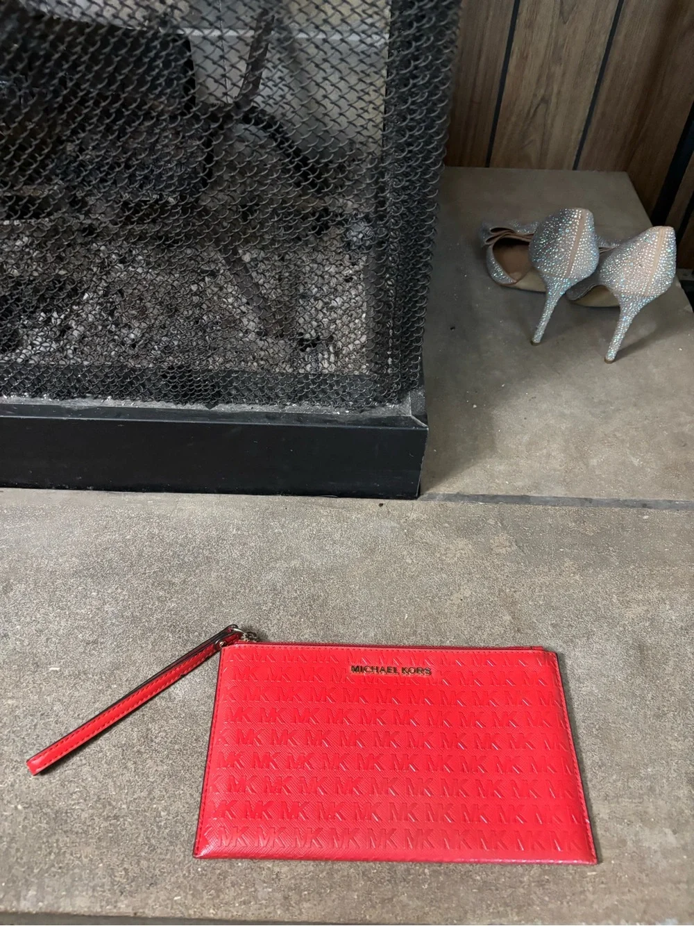 Michael Kors Red and Gold Logo Interior Wristlet Leather NEW Large
